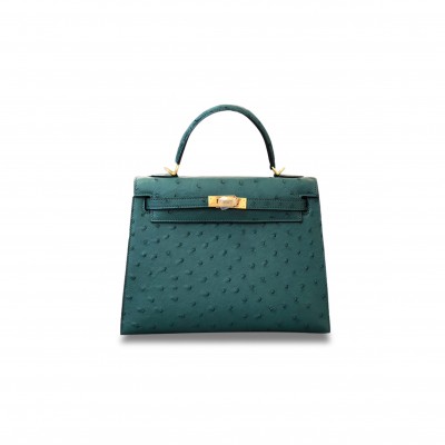 HERMÈS MASTER KELLY 25 OSTRICH LEATHER PEACOCK GREEN GOLD BUCKLE (25*17*7cm) 